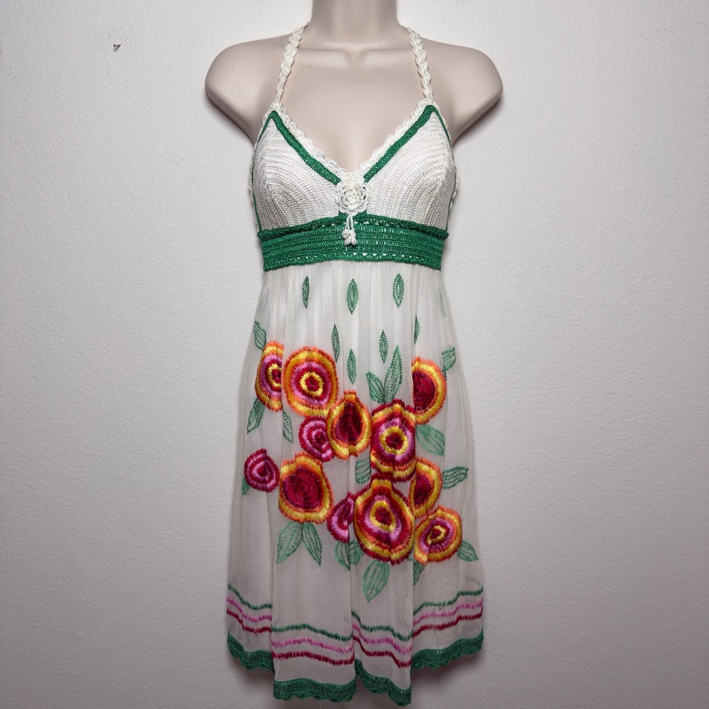 VTG Y2K Sue Wong Women SILK Babydoll Dress White Crochet Floral Embroidered